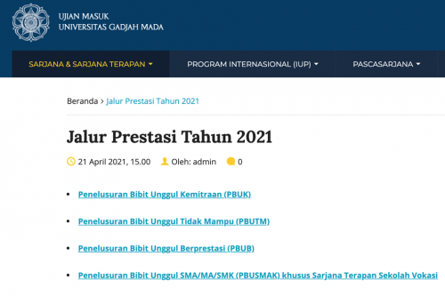 Pengumuman Hasil Seleksi Jalur Prestasi UGM 2021
