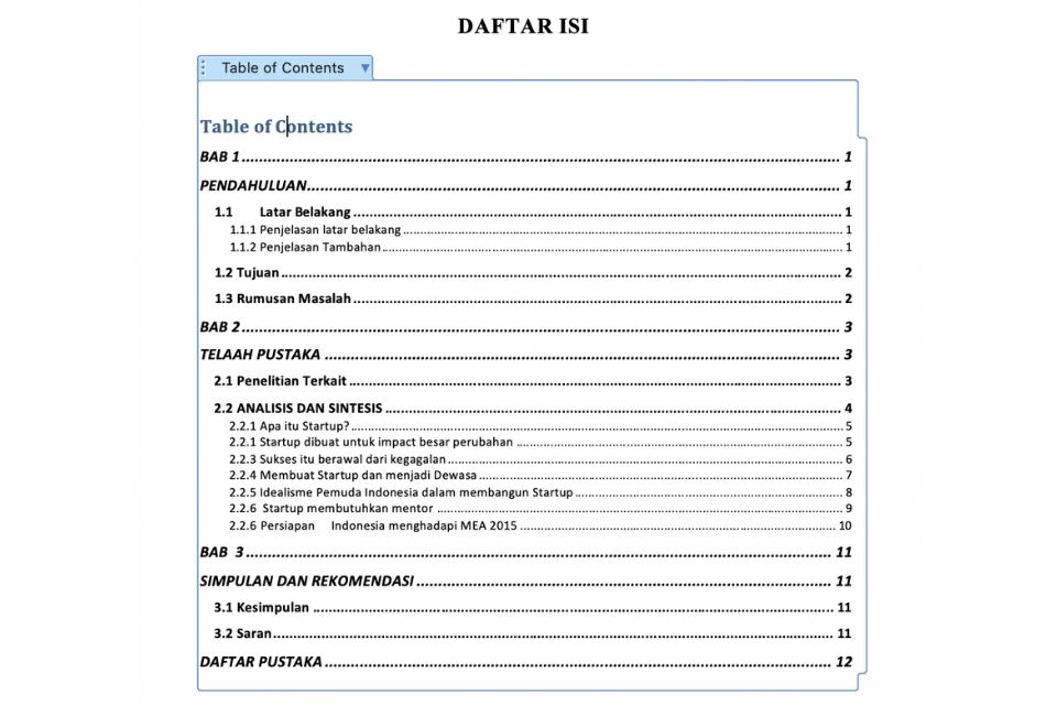 Contoh Penulisan Daftar Isi Makalah Yang Benar