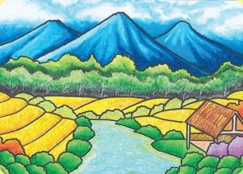 sketsa gambar pemandangan desa
