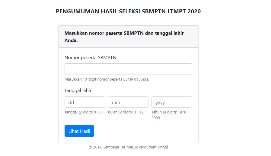 Tampilan Halaman Login SNBT