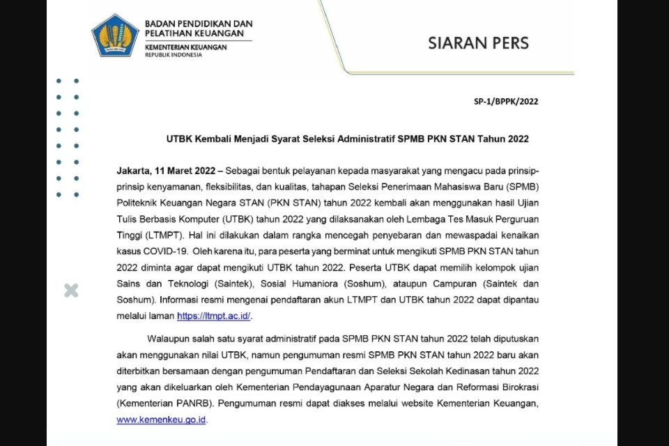 Informasi Resmi Pendaftaran PKN STAN dengan Nilai UTBK 2022