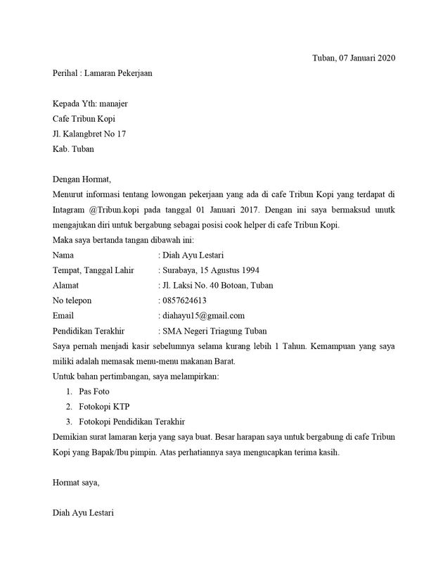 Contoh Surat Lamaran Kerja di Cafe dan Restoran sebagai Barista