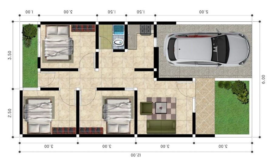 Gambar denah pondasi rumah ukuran 7x9 dengan 3 kamar tidur dan 1 kamar asisten rumah tangga