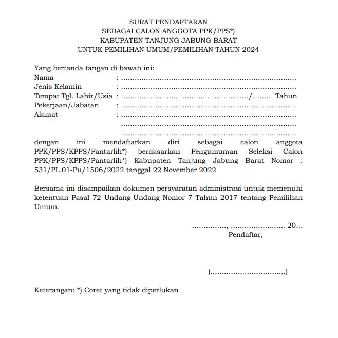 Contoh Surat Pendaftaran Calon Anggota PPS Pemilu 2024