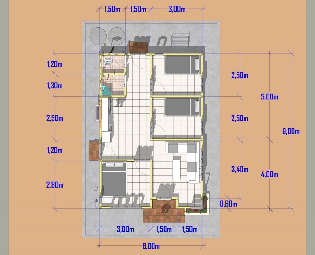 15 Desain Denah Rumah Ukuran 6x9 3 dan 2 Kamar Tidur Tanpa Garasi