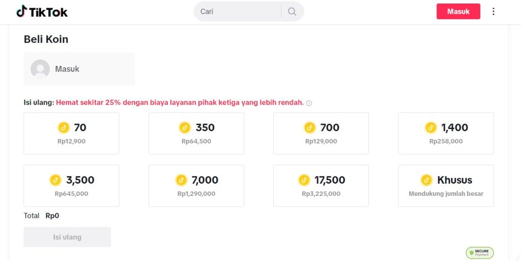 cara top up beli koin tiktok lewat website