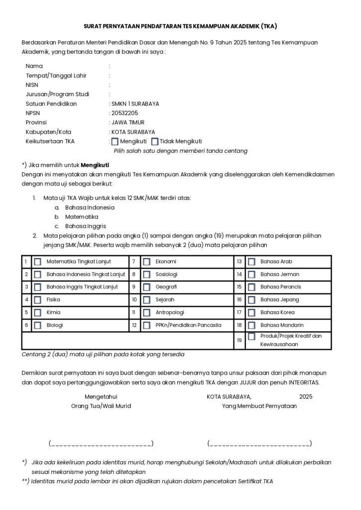 Contoh surat pernyataan pendaftaran TKA