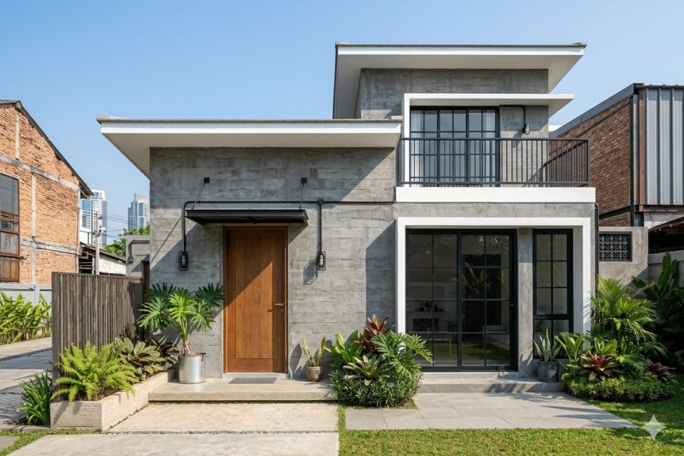 Rumah Industrial Abu Beton dan Putih Tampak Depan