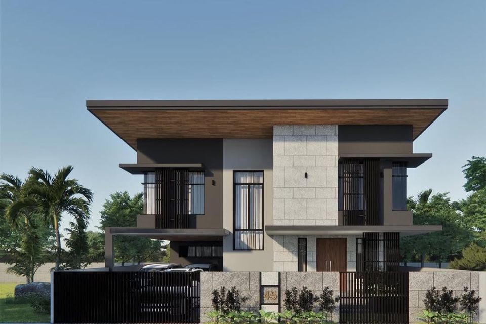 Rumah Modern Tropis Abu-Abu Putih dengan Aksen Kayu