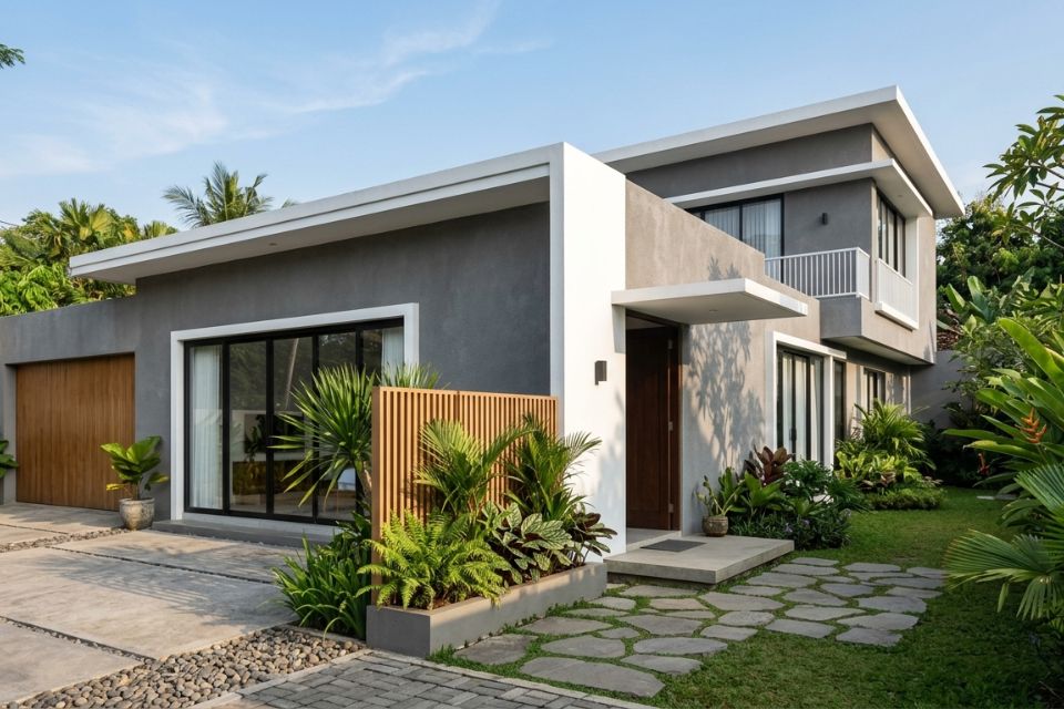 Rumah Minimalis Modern Abu Tua dan Putih Tampak Depan