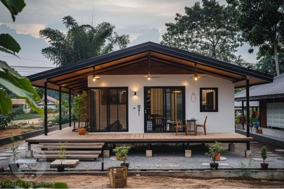 model teras depan rumah panjang ke samping